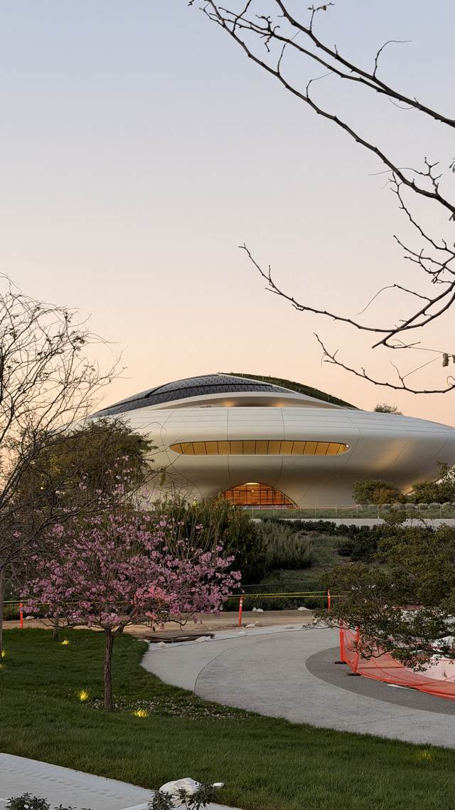 Curved museum building at dusk behind blossoming trees