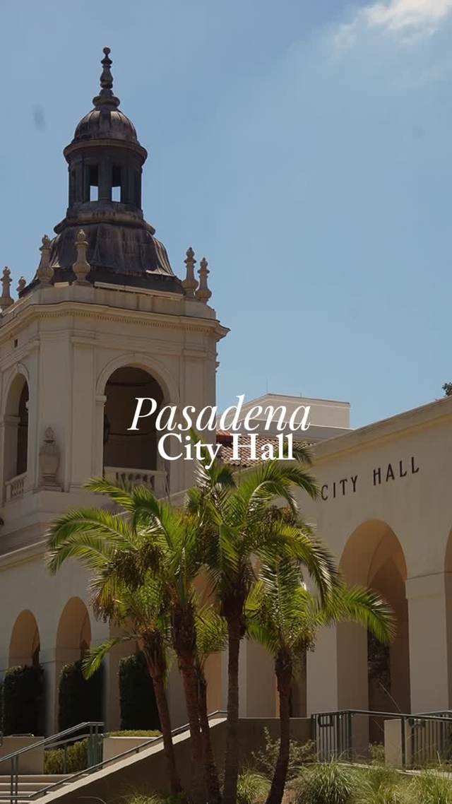 Pasadena City Hall tower behind palm trees